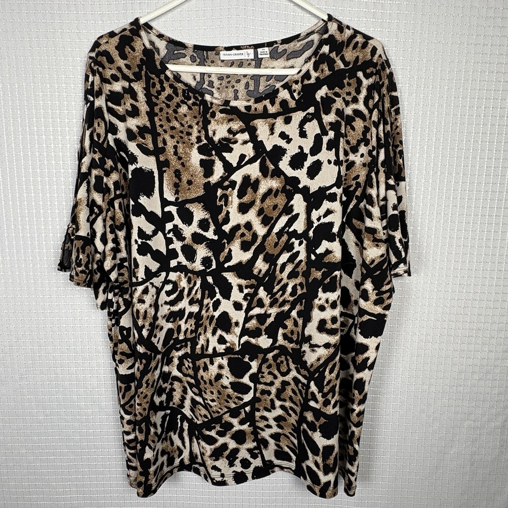 Susan Graver Liquid Knit Top 2X Leopard Stretch Blouse‎ Mature Junglecore Travel
